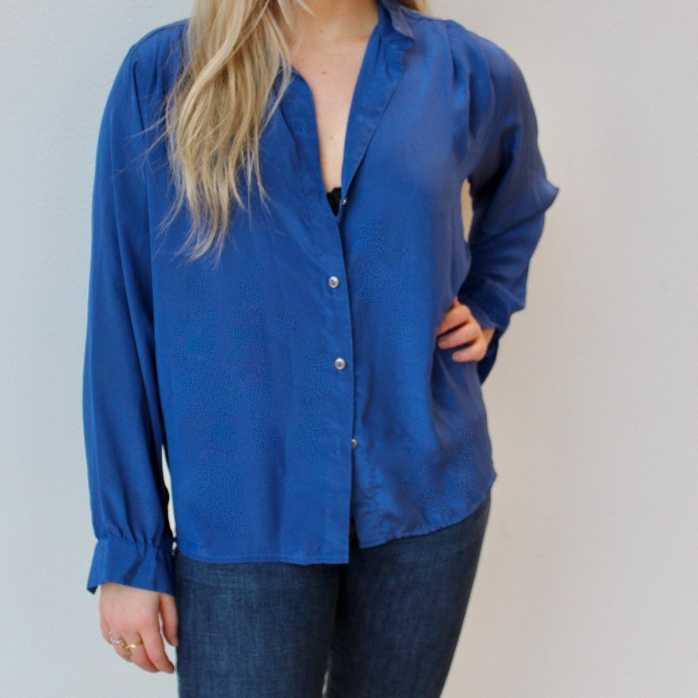 Semi Sheer Long Sleeve Button Down - Blue